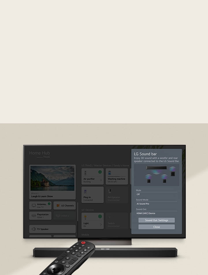 LG Remote is pointing towards a LG TV with LG Soundbar underneath. LG TV is showing the BOOM Interface menu on the screen.
