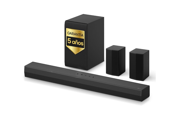 Front view of LG Soundbar S60TR, subwoofer, and Rear Speakers