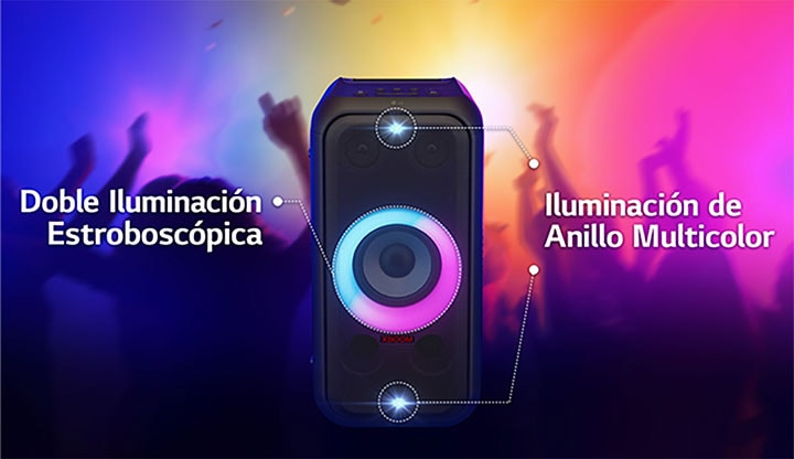 Vista frontal del altavoz. Hay una línea que indica cada parte de la iluminación. En la parte superior e inferior, iluminación estroboscópica doble. En el medio, se enciende una iluminación de anillo multicolor con degradado rosa y cian.