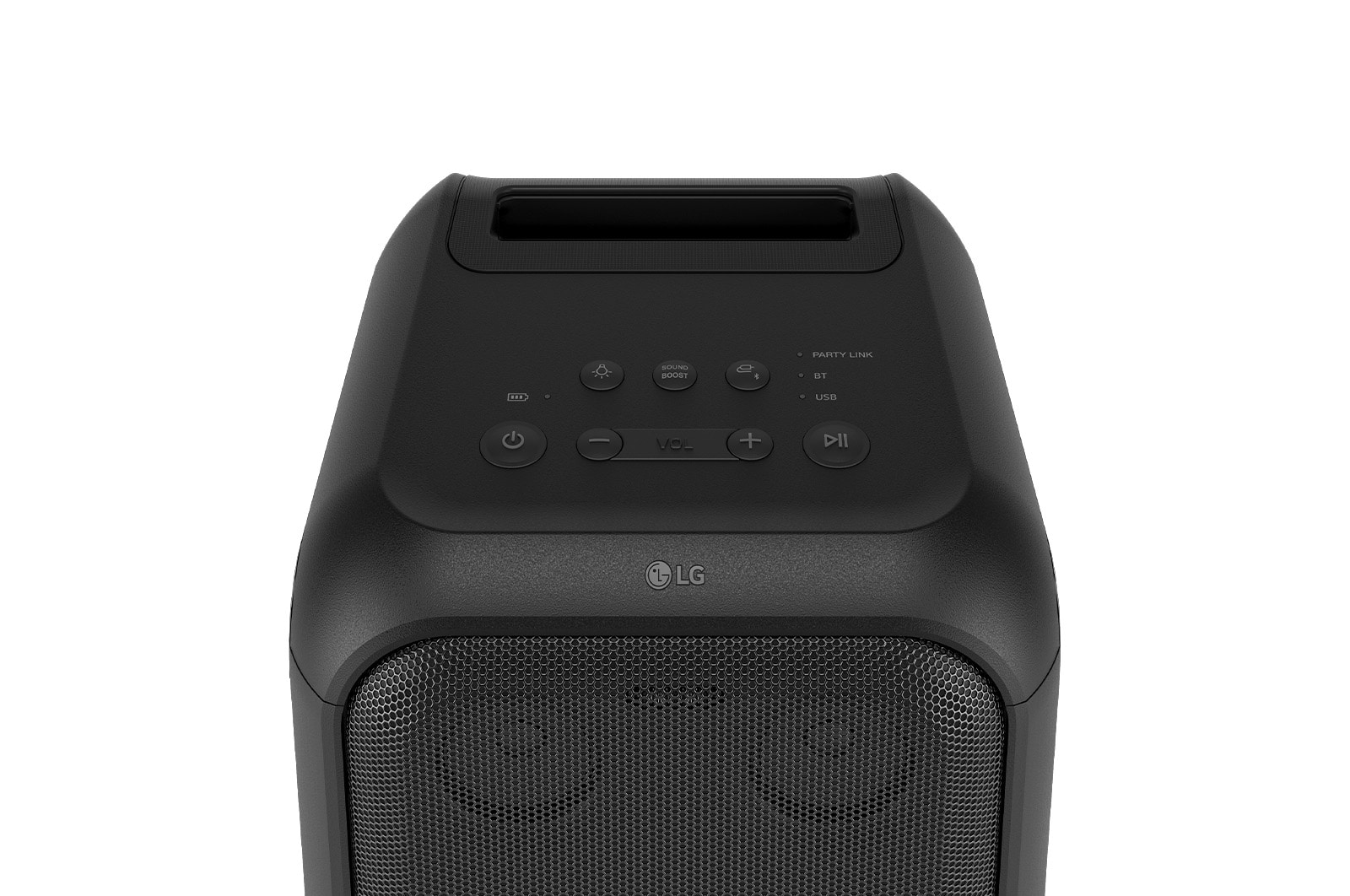 Close up of speaker top. It shows buttons and LG logo.