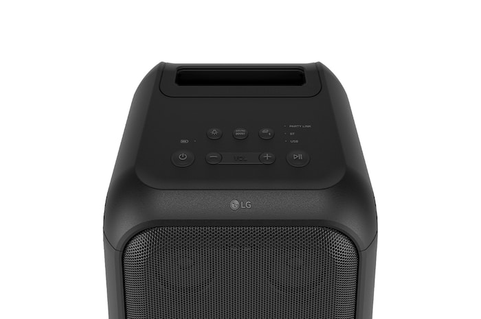 Close up of speaker top. It shows buttons and LG logo.