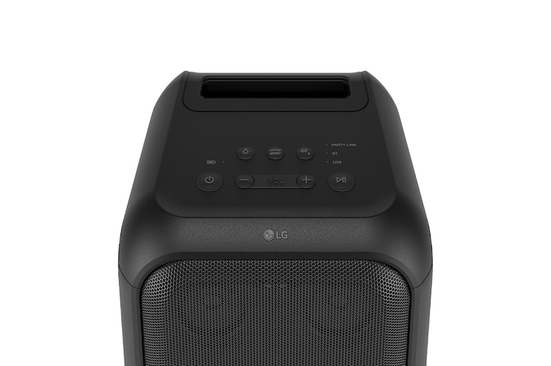 Close up of speaker top. It shows buttons and LG logo.