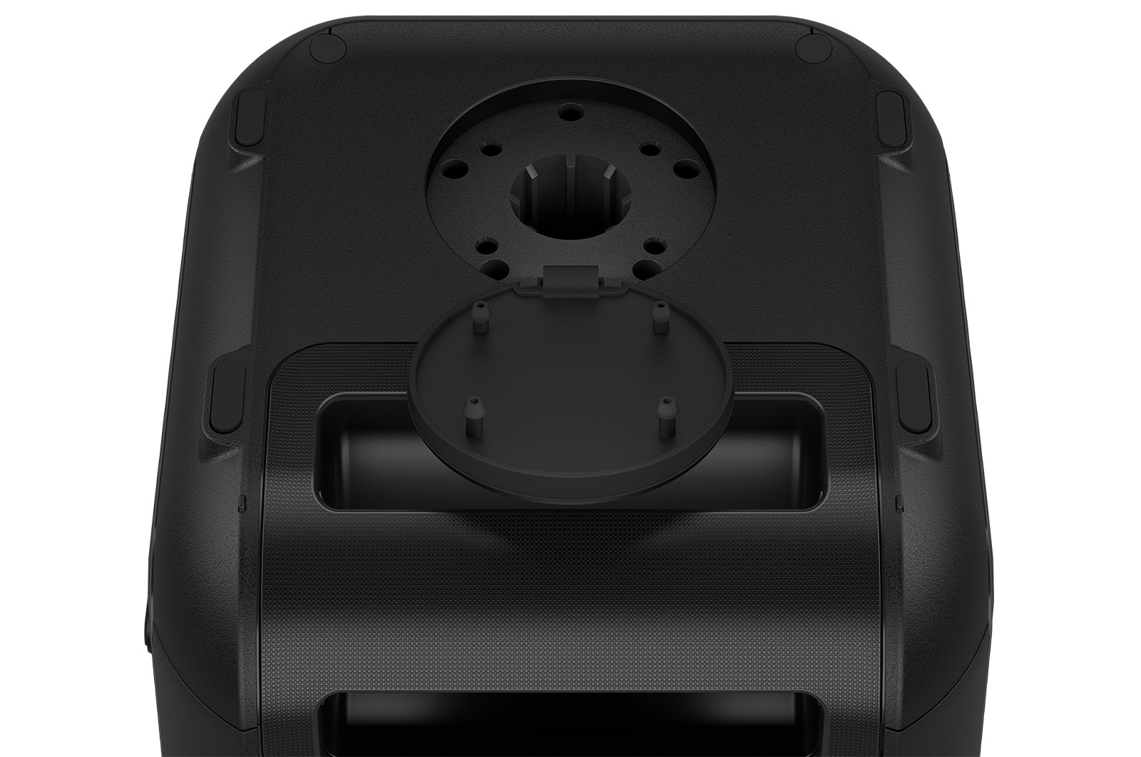 Close up of a bottom, showing speaker stand mount.