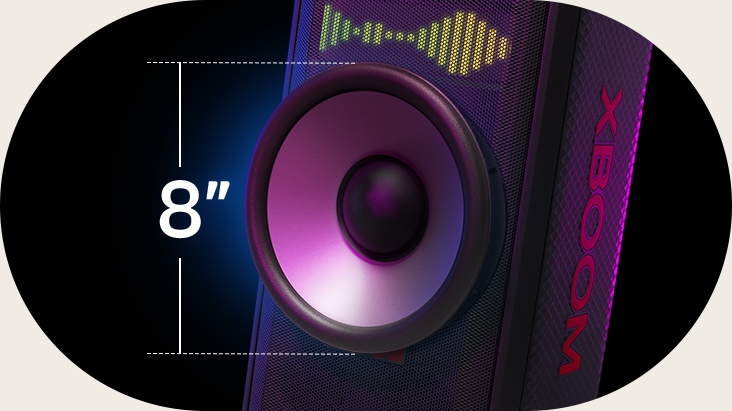 Woofer gigante de 8" en primer plano. A la izquierda, "8" y encima, un ecualizador de sonido.