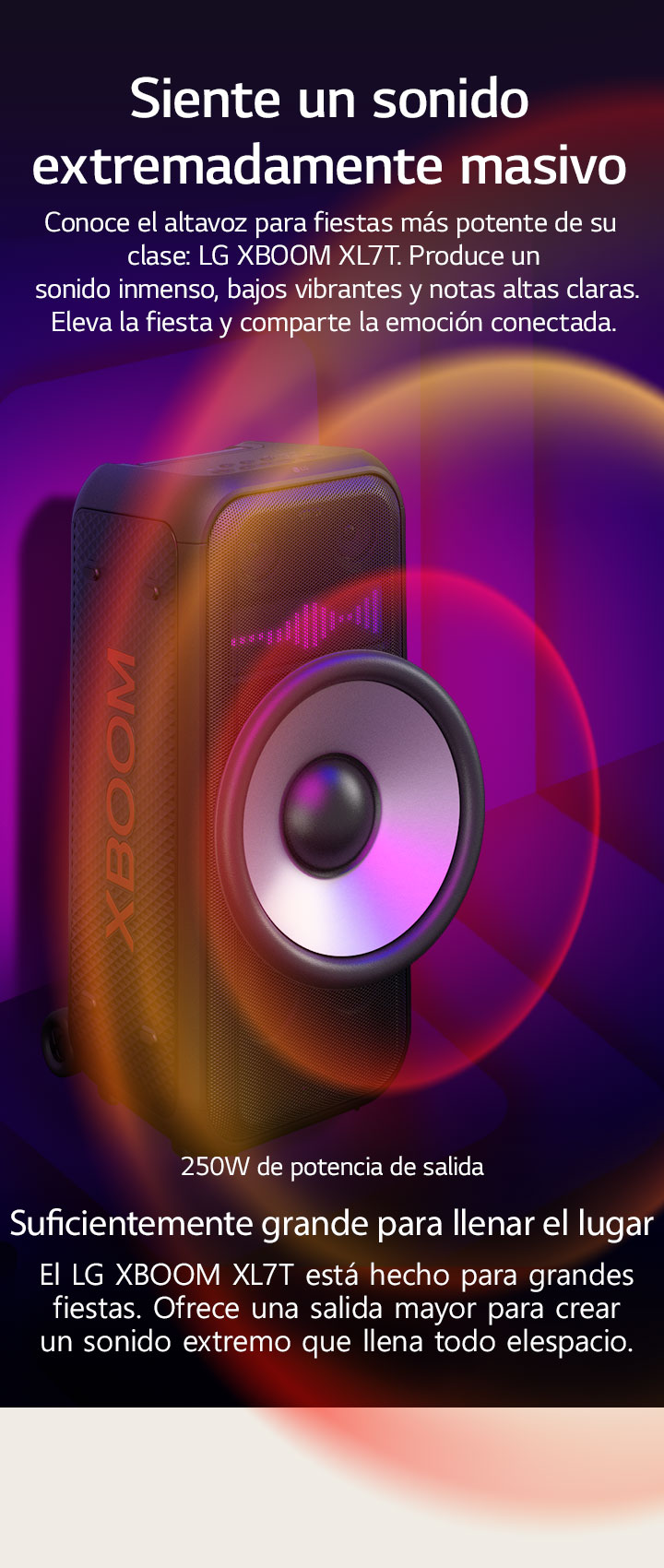 El LG XBOOM XL7T está en un espacio infinito con cuadrados gráficos de sonido. Su woofer de 8" emite potentes ondas con 250W.