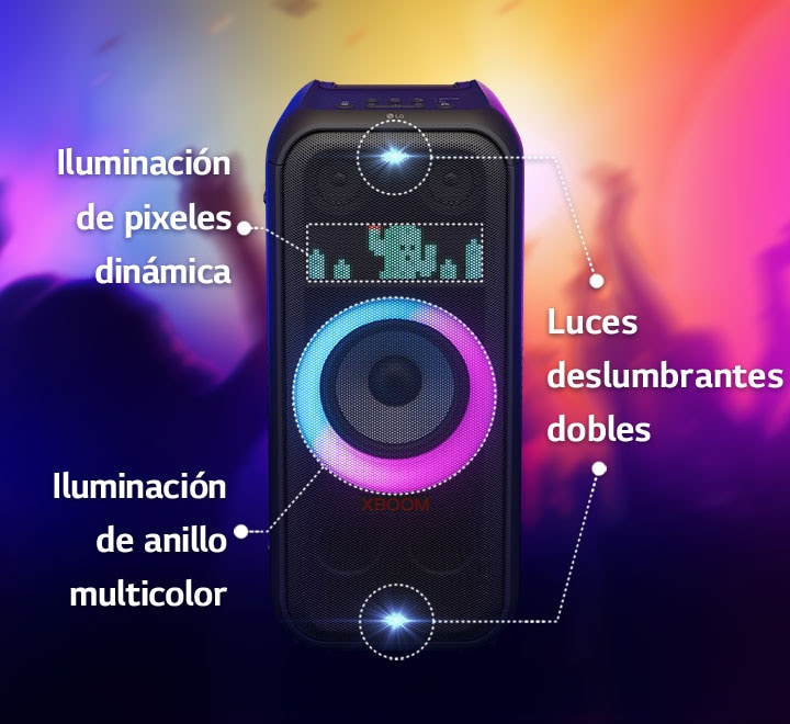 Vista frontal del altavoz con luces dobles, anillo rosa-cian y píxeles mostrando un cactus en la parte superior.