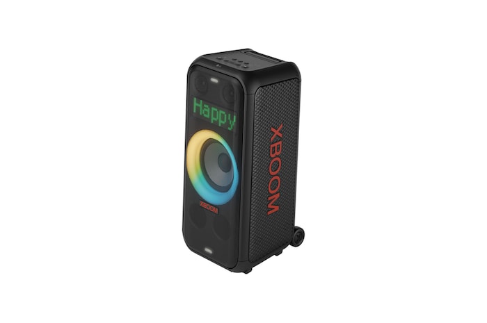 Vista lateral izquierda con luces encendidas. En el panel de Iluminación Pixel Dinámica, aparece el texto: Feliz.