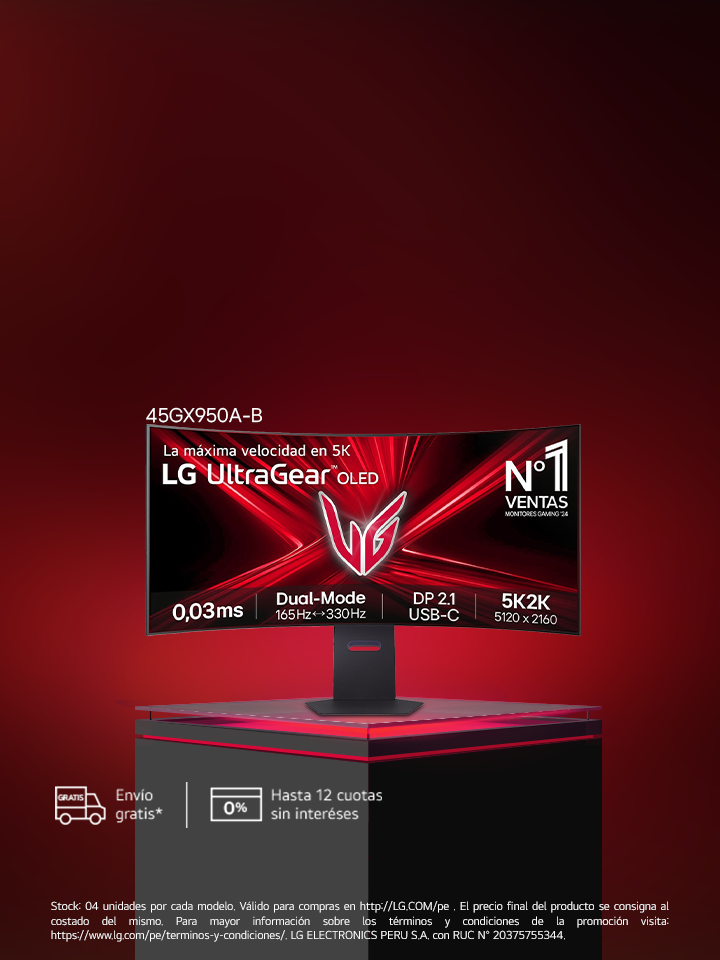 Promoción de LG UltraGear del primer monitor gaming OLED 5K2K del mundo, con 10 % de descuento del 28 de abril al 14 de mayo. Modelos mostrados: 32G810SA y el curvo 45GX950.