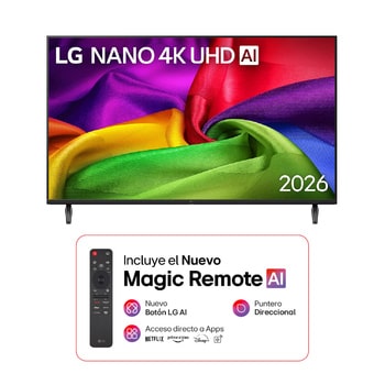 The front view of LG NANO 4K UHD AI NU80, released in 2026, fills the screen with richly textured, fabric-like color layers, where vibrant multicolored folds intertwine smoothly across the display.