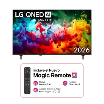 The front view of LG QNED AI QNED70 Mini LED, released in 2026, fills the screen with vivid, fluid splashes of multicolored motion, as finely layered colors disperse smoothly across the display.