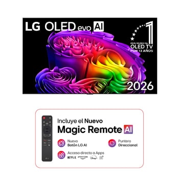 The front view of LG OLED evo AI G6, released in 2026, features a slim black bezel, with a vivid, sculptural image of richly layered, multicolored forms filling the screen.
