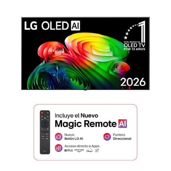 La vista delantera de la LG OLED AI B6, lanzada en 2026, presenta un bisel negro delgado, con una imagen vívida y escultórica de formas multicolores y con múltiples capas que llenan la pantalla.