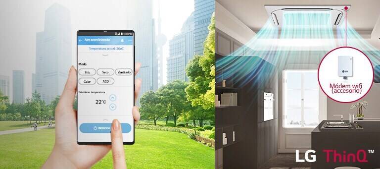 Image of hand manipulating cell phone and 4 way cassette installed on the ceiling of the kitchen with wind coming out.