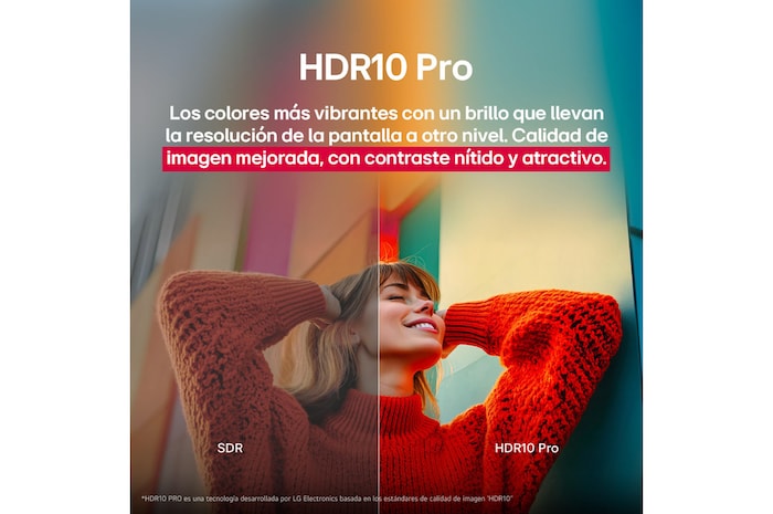 Una foto de una chica con un suéter rojo dividida por la mitad para mostrar el lado izquierdo en SDR y el lado derecho en HDR10 Pro. La parte derecha de la imagen es más nítida y tiene mayor contraste que la izquierda. El título hace referencia a cómo HDR10 Pro ofrece una calidad de imagen superior y un contraste más nítido. 