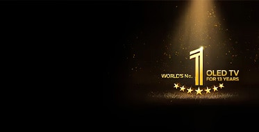 Un emblema dorado del televisor OLED número 1 del mundo durante 13 años sobre un fondo negro. Un foco brilla sobre el emblema y estrellas abstractas doradas llenan el espacio.