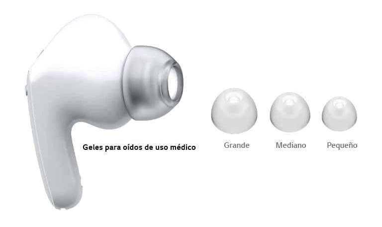 Imagen de auriculares blancos y un juego de eargels de 3 tamaños: Grande, Mediano y Pequeño.