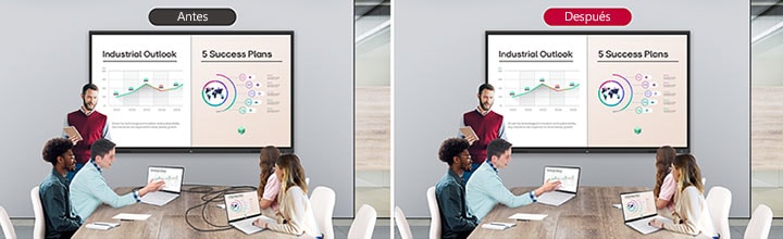 Two images are shown side by side for a before-and-after comparison. One image displays multiple cables connected to different devices used for screen sharing during the meeting. The other image shows a tidy table with screen sharing facilitated wirelessly through the wireless screenshare feature, eliminating the need for multiple cables.