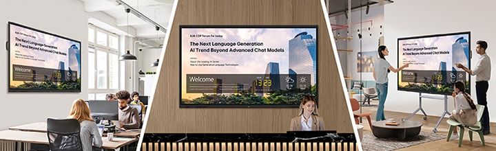 Company notices are remotely broadcast on multiple screens installed in the office, lobby, and break area.