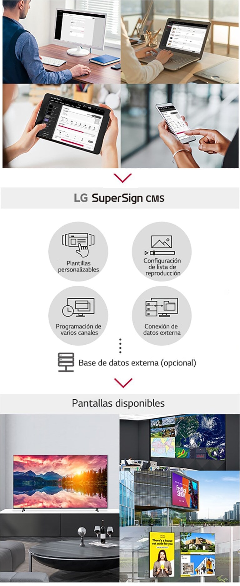 Múltiples administradores pueden acceder a SuperSign CMS de LG a través de una computadora, computadora portátil, una tableta y dispositivos móviles para crear, regular y distribuir contenido multimedia digital adaptado a una amplia gama de pantallas.