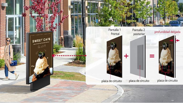 Se instala una exhibición de doble cara en la calle. La colocación efectiva de la placa de circuito permite un diseño delgado de la pantalla de doble cara.