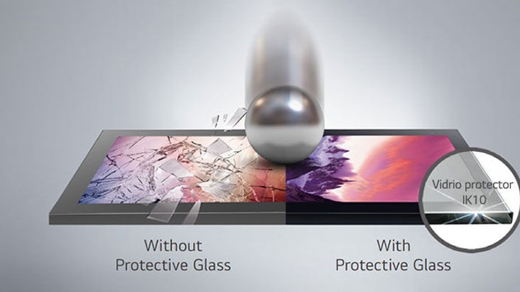 Cuando un fuerte impacto golpea el cristal frontal desde el exterior, la pantalla sin cristal protector se rompe, pero el XE3P minimiza los daños con el cristal protector.