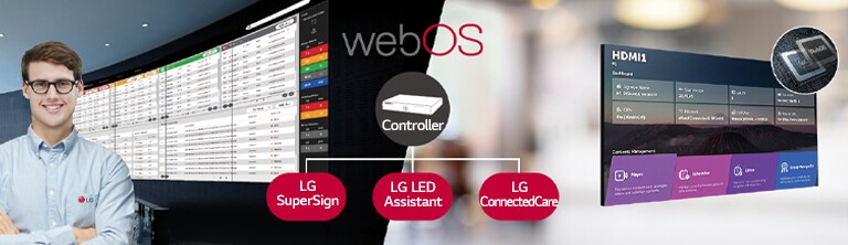 "El empleado de LG está monitoreando de forma remota la serie GNEB instalada en un lugar diferente mediante el uso de una solución de monitoreo de LG basada en la nube. El controlador del sistema con webOS permite que la serie GNEB sea compatible con las soluciones de software de LG."