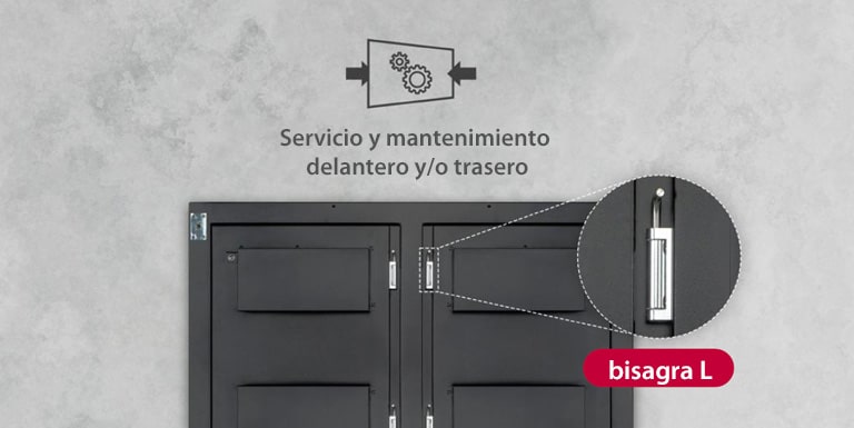 Muestra la imagen ampliada de una bisagra en L que se encuentra en la parte trasera del producto.