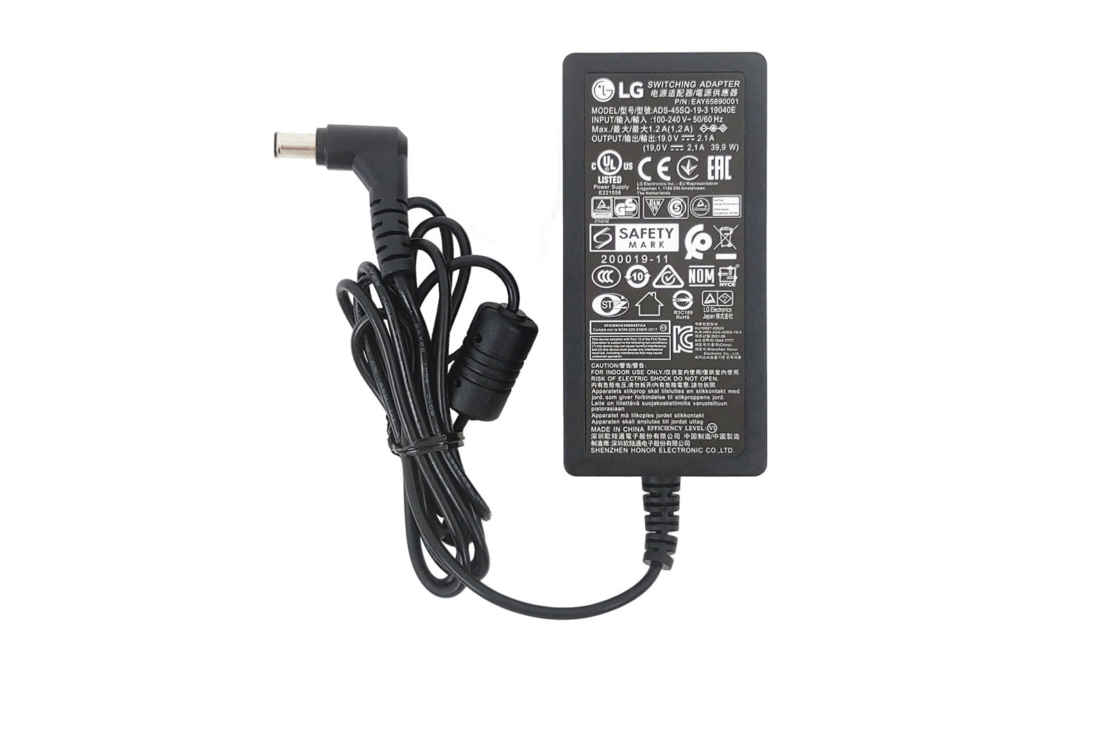 Vista frontal de Fuente de poder externa ADS-45SQ-19-3 para Monitor LG 27GL650F-B, 24GN600-B, 34WP550-B - EAY65890001 EAY65890001