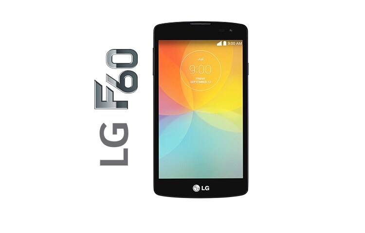 Vista frontal de LG F60, SMARTPHONE CON PANTALLA WVGA DE 4,5&#34;, ANDROID 4.4 KITKAT, VELOCIDAD 4G LTE, PROCESADOR QUADCORE DE 1.2 GHZ, CÁMARA DE 5MP CON AUTO FOCUS Y BATERÍA DE 2.100 MAH, COLOR NEGRO D390