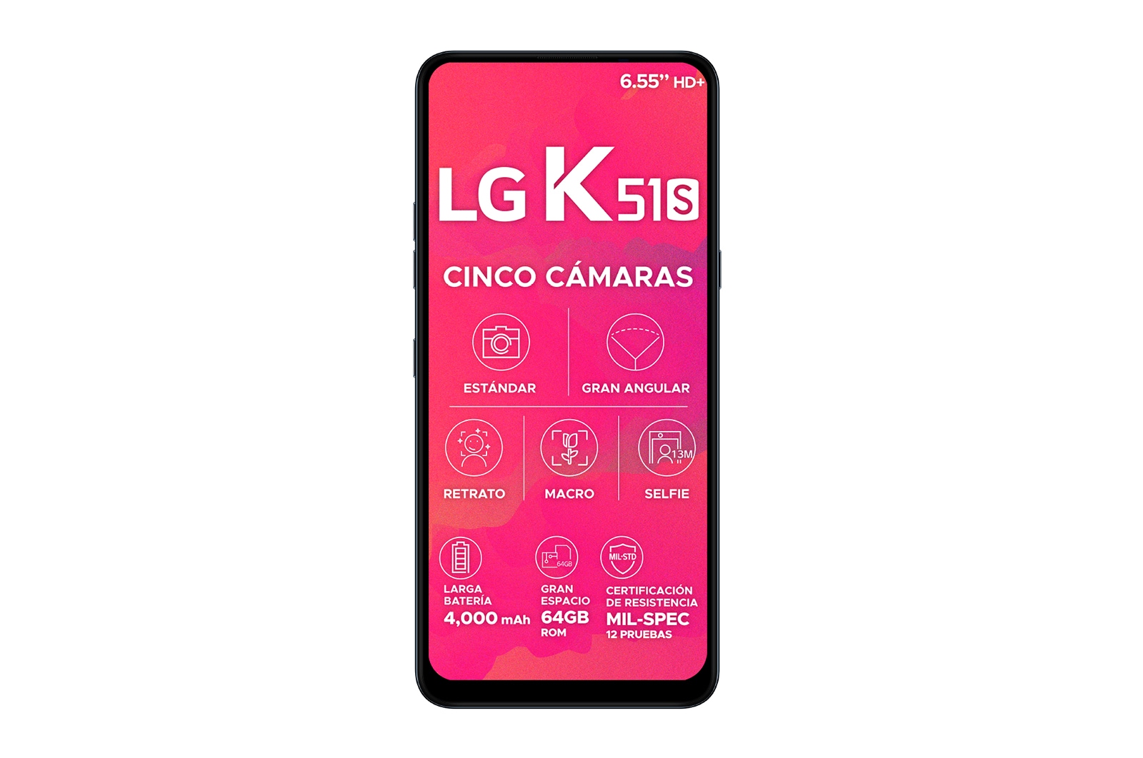Vista frontal de LG K51S, Cinco Cámaras y 64GB de almacenamiento  LMK510HM