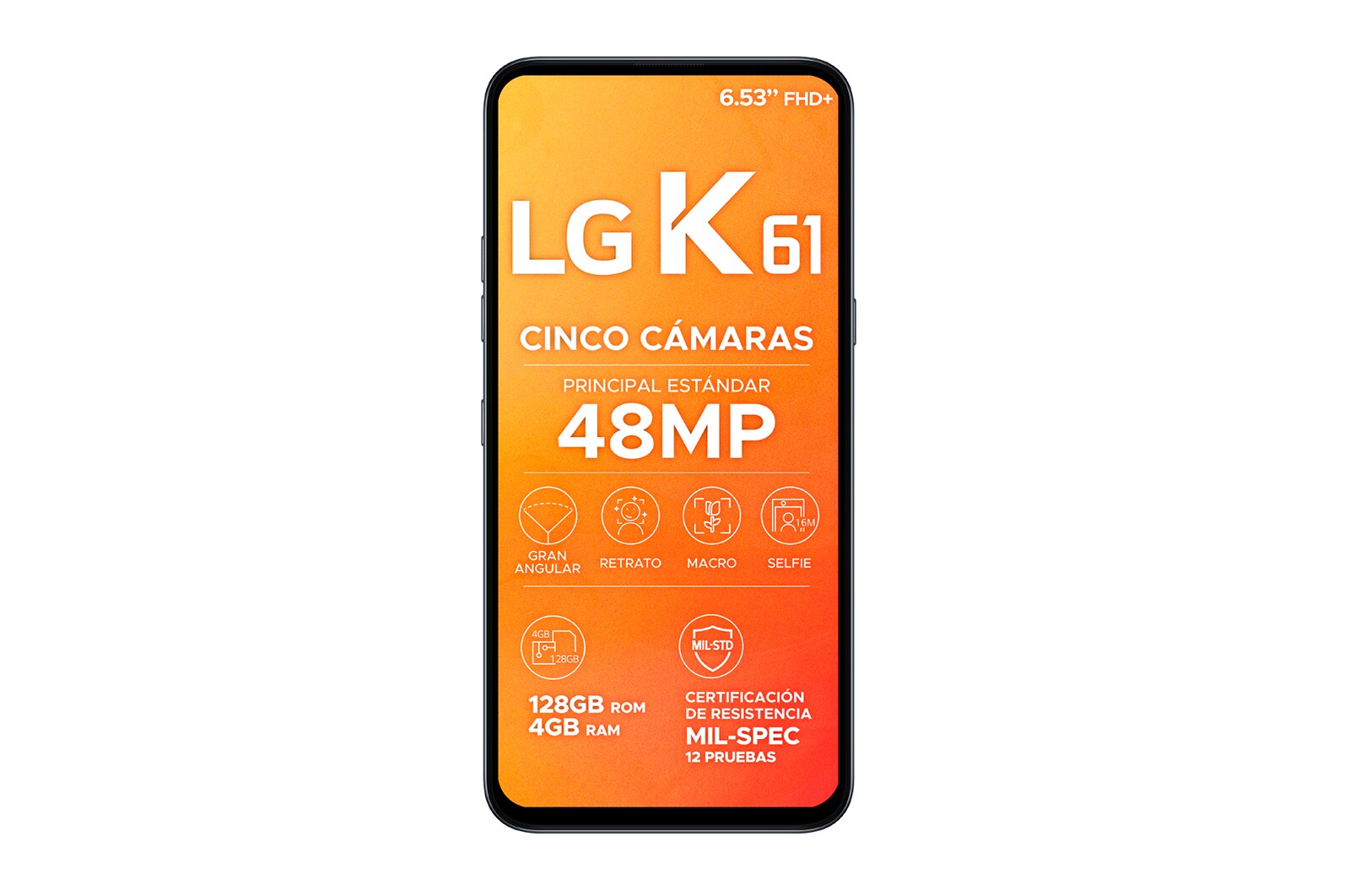 Vista frontal de LG K61, Cinco Cámaras y 128GB de almacenamiento LMQ630HA