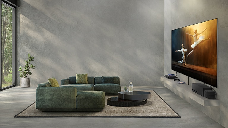 Una imagen en movimiento de LG OLED T en una elegante habitación con la AV Box en varios lugares diferentes.