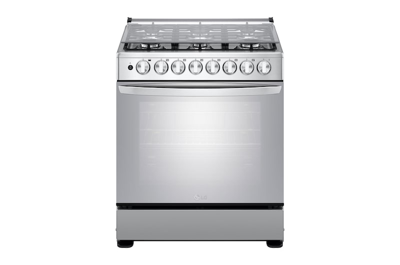 Vista frontal de Cocina LG, puerta espejada, con encendido automático, 146.5 L (horno), con Válvula de Termostato y limpieza simplificada., LRGZ5255S