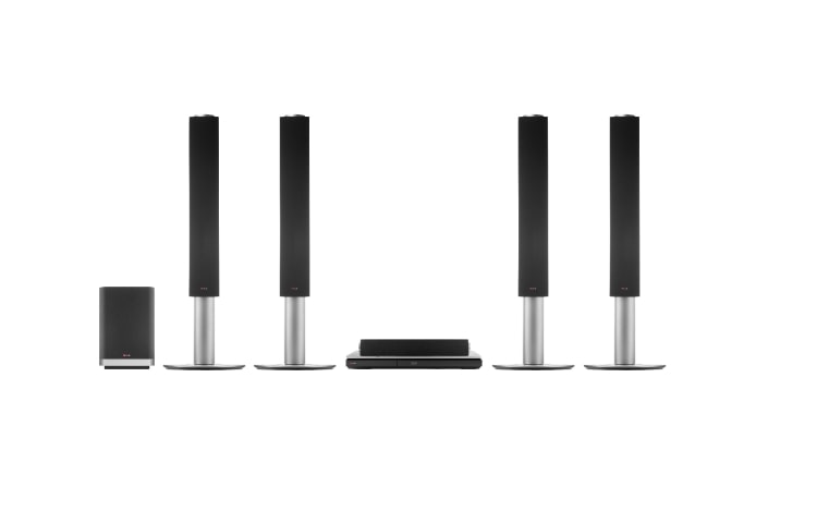 Vista frontal de LG Smart 3D Blu-ray Home theater 9.1 con fibra de Aramida BH9540TW