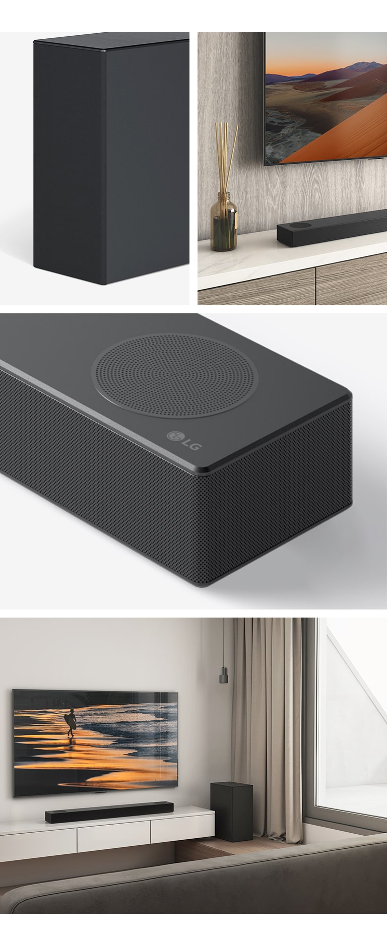 Desde la izquierda, una imagen del altavoz trasero, un primer plano de un televisor LG que muestra el montaje en la pantalla y la barra de sonido LG debajo. A la derecha, en el sentido de las agujas del reloj desde arriba hacia abajo: primer plano de la barra de sonido LG. LG TV, que muestra una playa al atardecer, y LG Sound Bar, el altavoz trasero está colocado en la sala de estar.