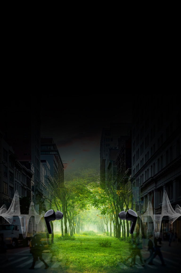 Una imagen de dos auriculares uno frente al otro y una onda ilustrada detrás de cada auricular. Y es un espacio virtual, hay ciudad pero bosque en el medio.