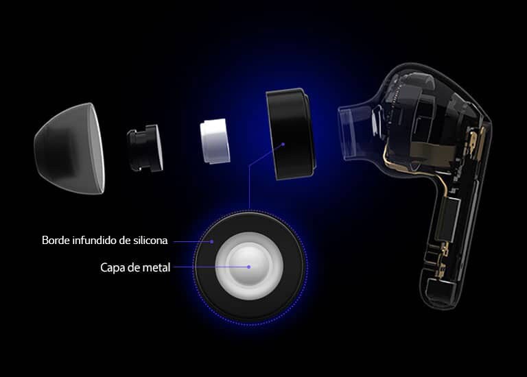 Una imagen de un auricular negro que se divide en cuatro partes para mostrar la intrincada tecnología diseñada en él.
