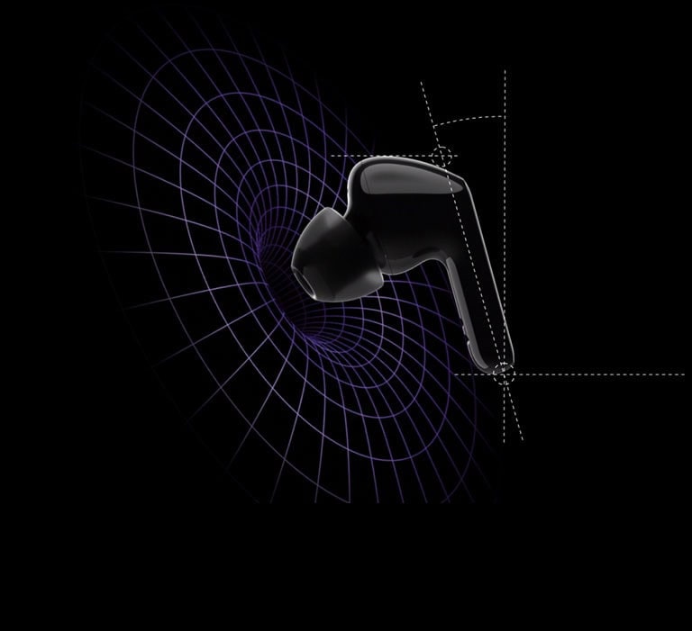 Una imagen de unos auriculares en un espacio virtual con diagramas que muestran que el peso está centrado en la cabeza del auricular