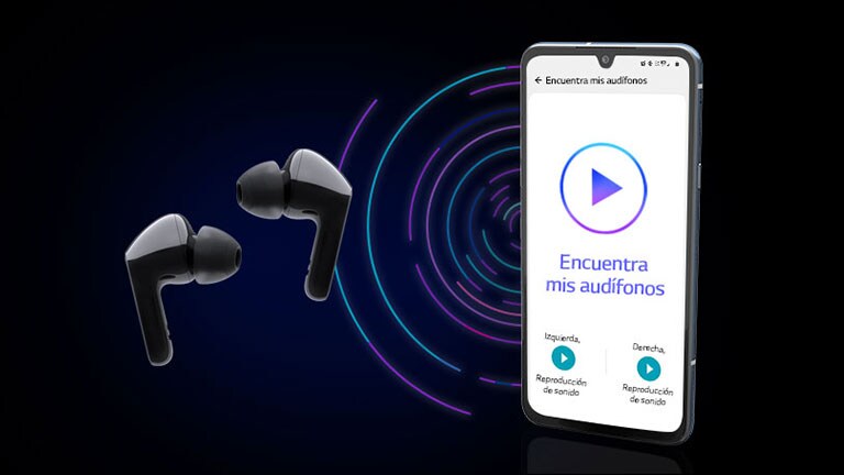 Una imagen de un teléfono y los audífonos en un espacio virtual con líneas azules, moradas y rojas circulando en el fondo.