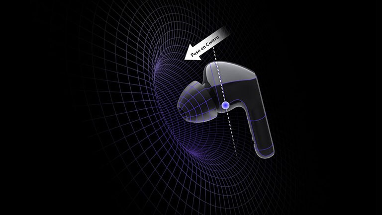 Una imagen de un audífono en un espacio virtual con diagramas mostrando que el peso está centrado en la cabeza del audífono.