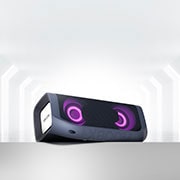 Vista frontal de LG XBOOM Go con iluminación violeta.
