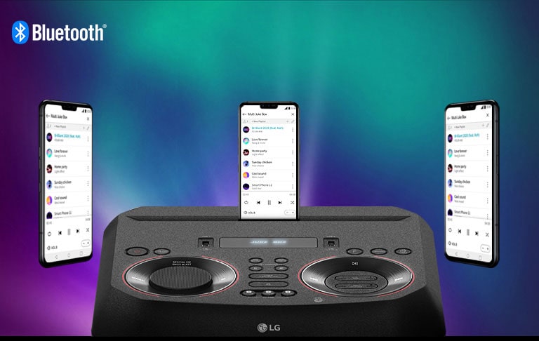 Un teléfono inteligente está en un LG XBOOM con otros dos teléfonos inteligentes flotando a su alrededor. Un logotipo de Bluetooth está en la esquina superior izquierda.