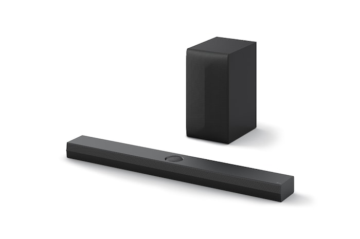 'Angled view of LG Soundbar S70TY and Subwoofer