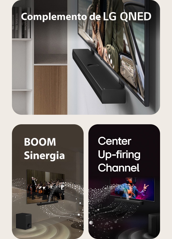 Barra de sonido LG y televisor LG QNED contra la pared con el soporte a juego QNED en un espacio habitable gris y de madera en perspectiva en ángulo, que muestra a un hombre tocando una guitarra frente al océano.  LG Soundbar y LG TV en una sala de estar tocando una actuación de orquesta. Ondas blancas de gotas que representan ondas sonoras se disparan hacia arriba y hacia adelante desde la barra de sonido y se proyectan desde el televisor, mientras el subwoofer crea un efecto de sonido desde abajo.  LG Soundbar y LG TV en una habitación negra interpretando una actuación musical. Gotas blancas que representan ondas sonoras se disparan hacia arriba y hacia adelante desde la barra de sonido, mientras el subwoofer crea un efecto de sonido desde abajo.