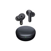 Imagen con auriculares LG TONE Free flotando sobre una base de carga abierta.