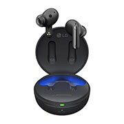 Imagen con auriculares LG TONE Free flotando sobre una base de carga abierta.