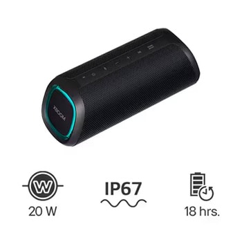 Vista frontal del Parlante LG xboom Go XG5 Negro | 20W | Sound Boost | Light Studio | IP67 | 18 Horas de Batería
