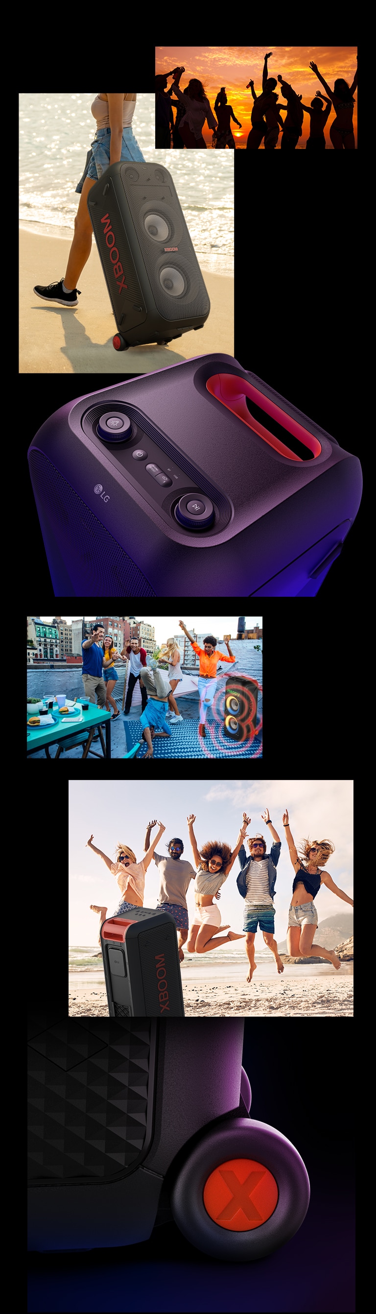 Imágenes ilustradas del LG XBOOM XL9T. Desde arriba, un shillouet de personas, con el mango telescópico y las ruedas, la mujer lleva el altavoz fácilmente. Vista superior del altavoz y mango telescópico. La gente disfruta de una fiesta en la azotea, detrás hay dos LG XBOOM XL9T con gráficos de sonido. Vista posterior del orador y la gente saltando en la playa, primer plano de la rueda.
