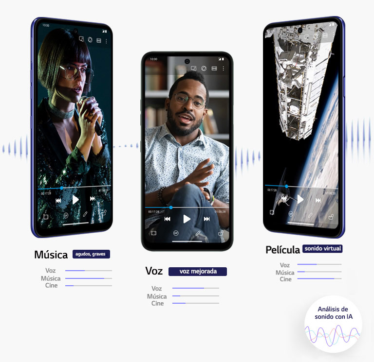 Tres smartphones reproduciendo una película, una canción y un vídeo.