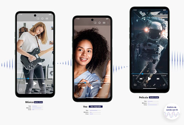 Tres smartphones reproduciendo una película, música y un vídeo.